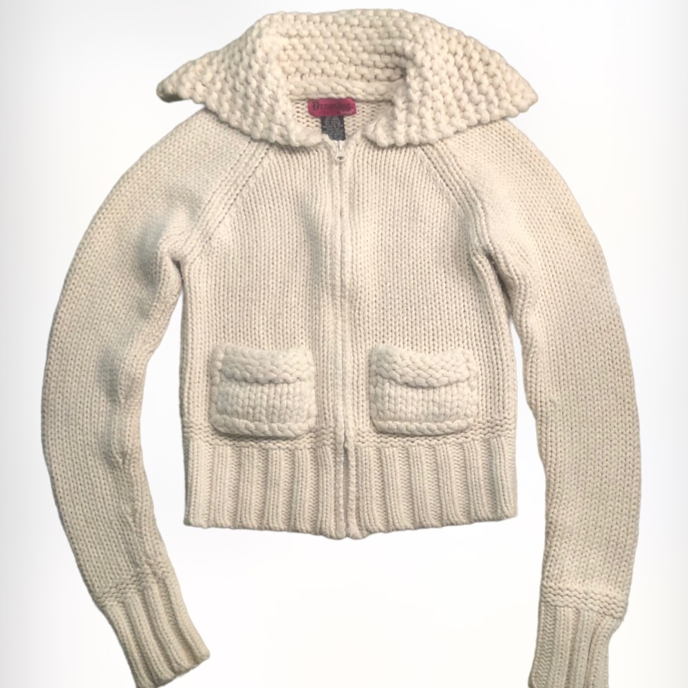 DEMANDING by Say What? Vintage Cropped Zip Up Cream Cardigan SZ L